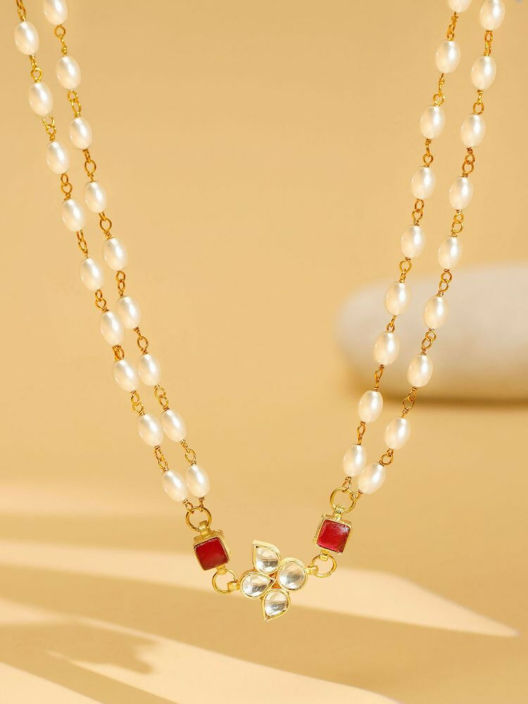 White and Red Beaded Gold Plated Flower Kundan Necklace - Ruby Raang