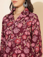 Janasya Women's Purple Cotton Floral Printed Casual Straight Kurta Set
