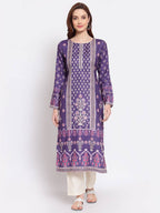 Myshka Women's Purple Printed Pashmeena Full Sleeve Round Neck Casual Kurta