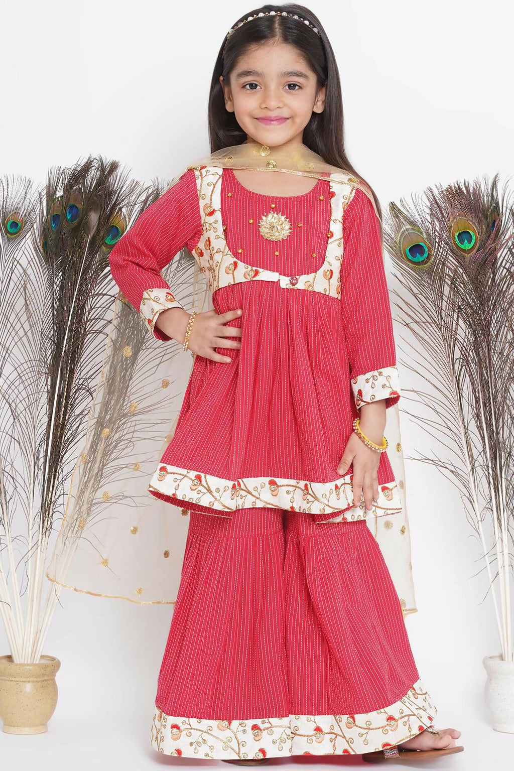 Little Bansi Floral Embroidery Jacket With Cotton Kantha Frock Sharara And Dupatta With Ghungroo Handwork - Red