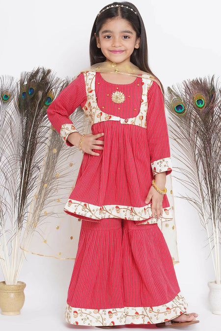 Little Bansi Floral Embroidery Jacket With Cotton Kantha Frock Sharara And Dupatta With Ghungroo Handwork - Red
