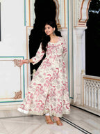 Miravan Women's Light Pink Cotton Gotapatti Birds And Leaf Floral Printed Anarkali Kurta