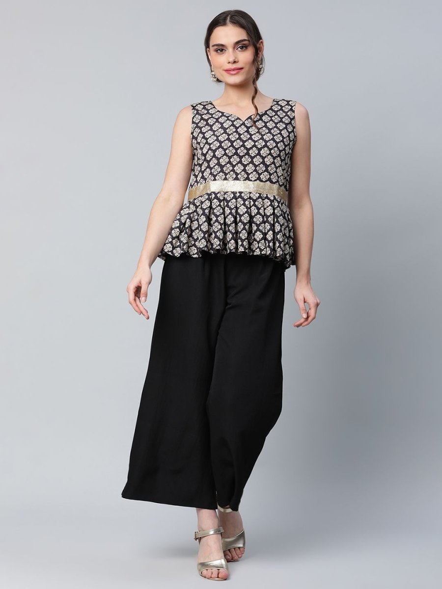 Ahalyaa Women Black Crepe Digital Printed Top with Palazzo Set - Distacart