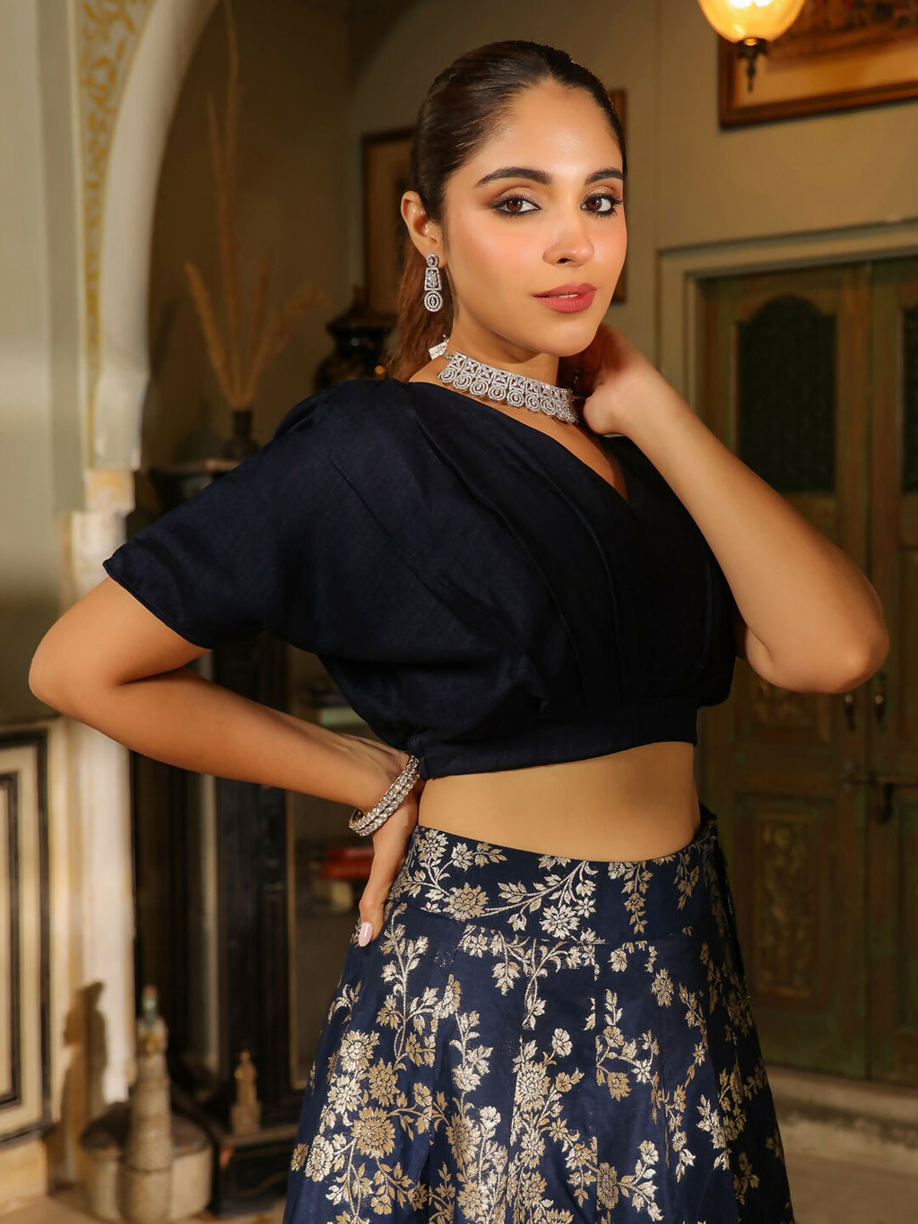 Janasya Navy Blue Silk Blend Solid Lehenga Choli