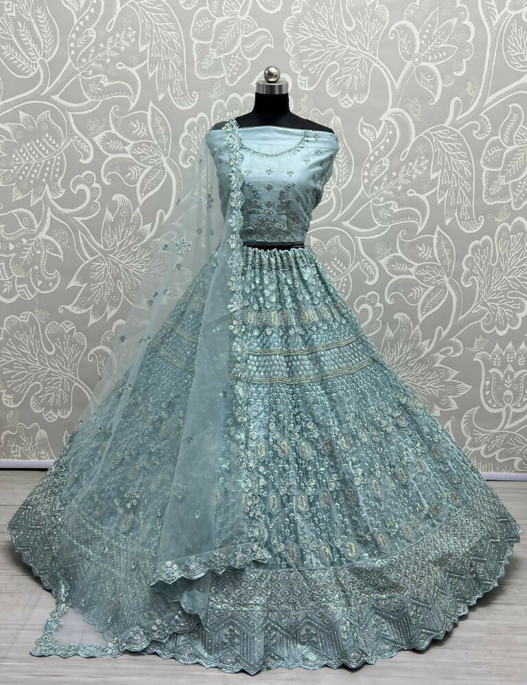 Jyoti Fashion Women's Aqua Heavy Net Fancy Dori, Multi Thread, Rainbow Sequins and Diamond Work Wedding Lehenga Choli
