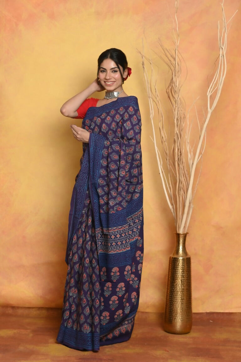Very Much Indian Handblock Printed Cotton Saree With Natural Dyes - Blue - Distacart