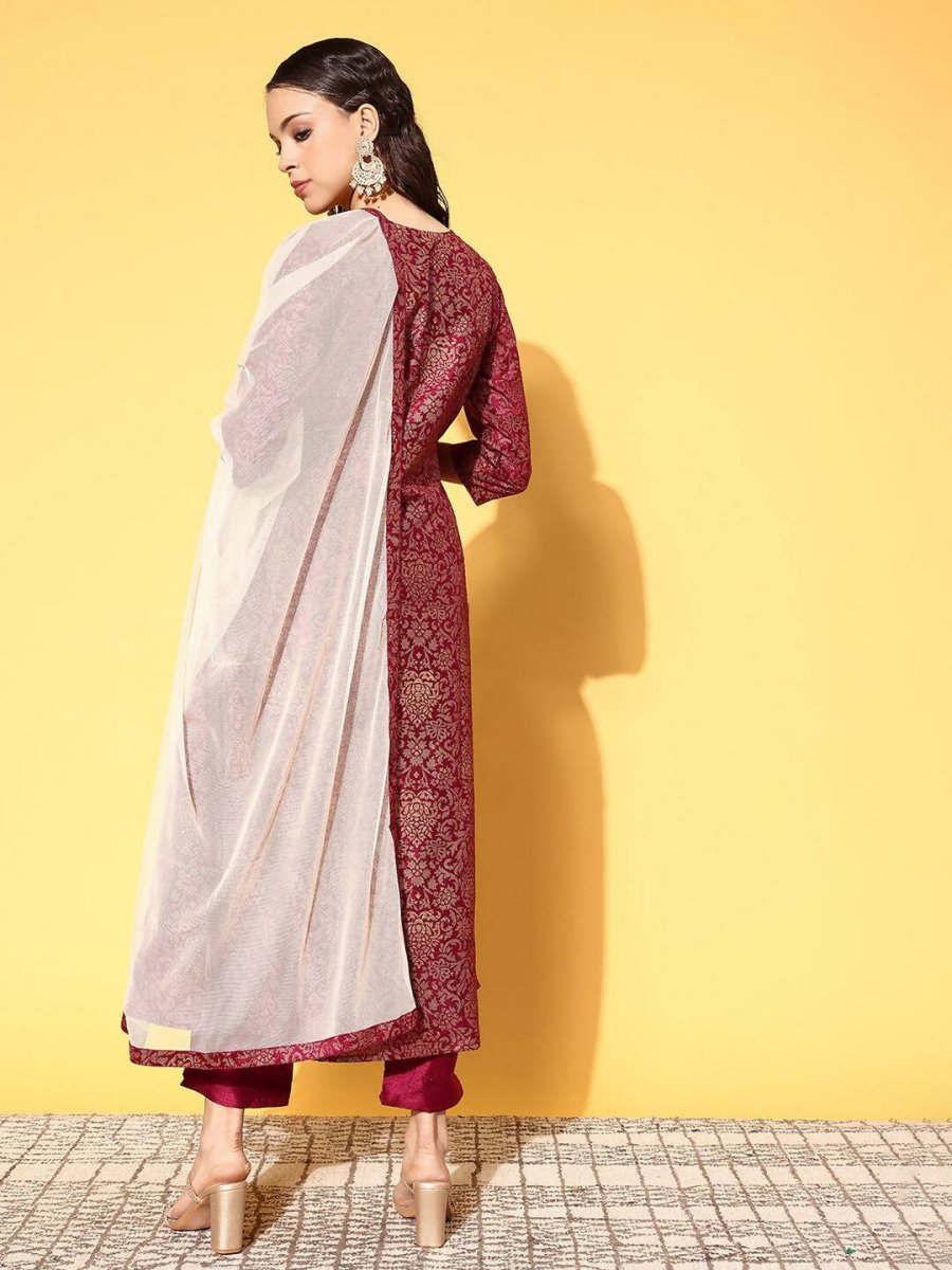Ahalyaa Women's Wine Colour Poly Silk Gold Paste Printed Kurta Pant Set - Distacart