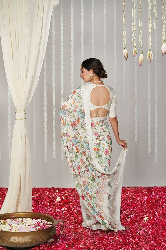 Off White Bright Moss Designer Digital Printed Party Wear Saree - Be Verly