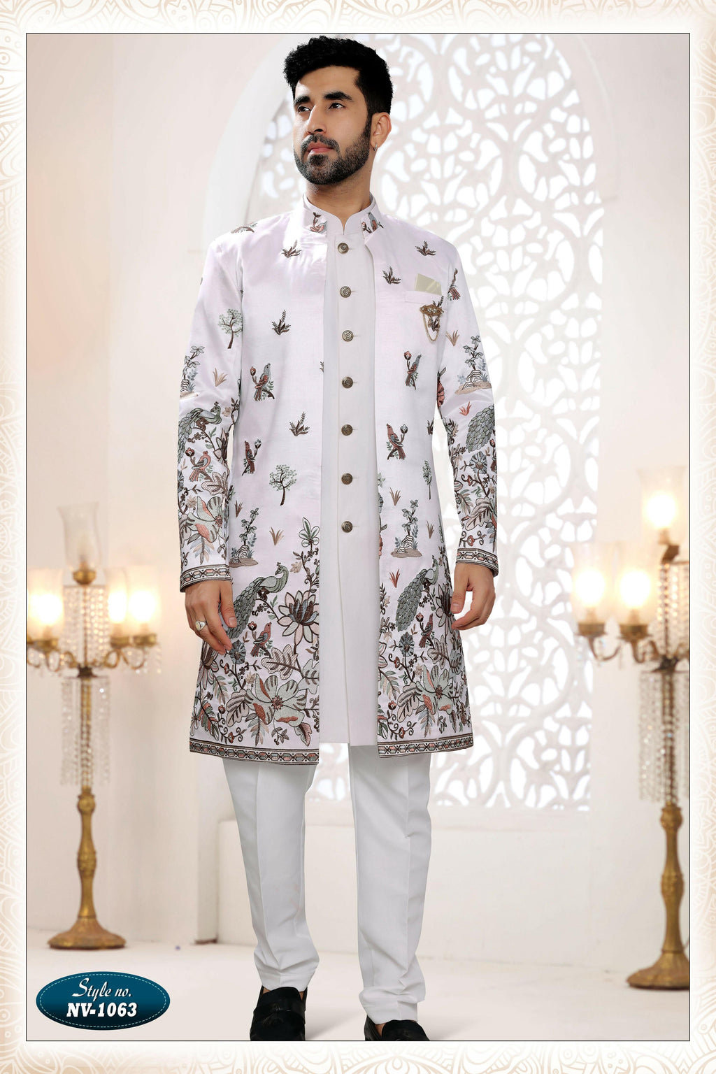 Joban Fashion Men's White Straight Silk Thread And Sequence Embroidery All Over 3 Pc Kurta Set