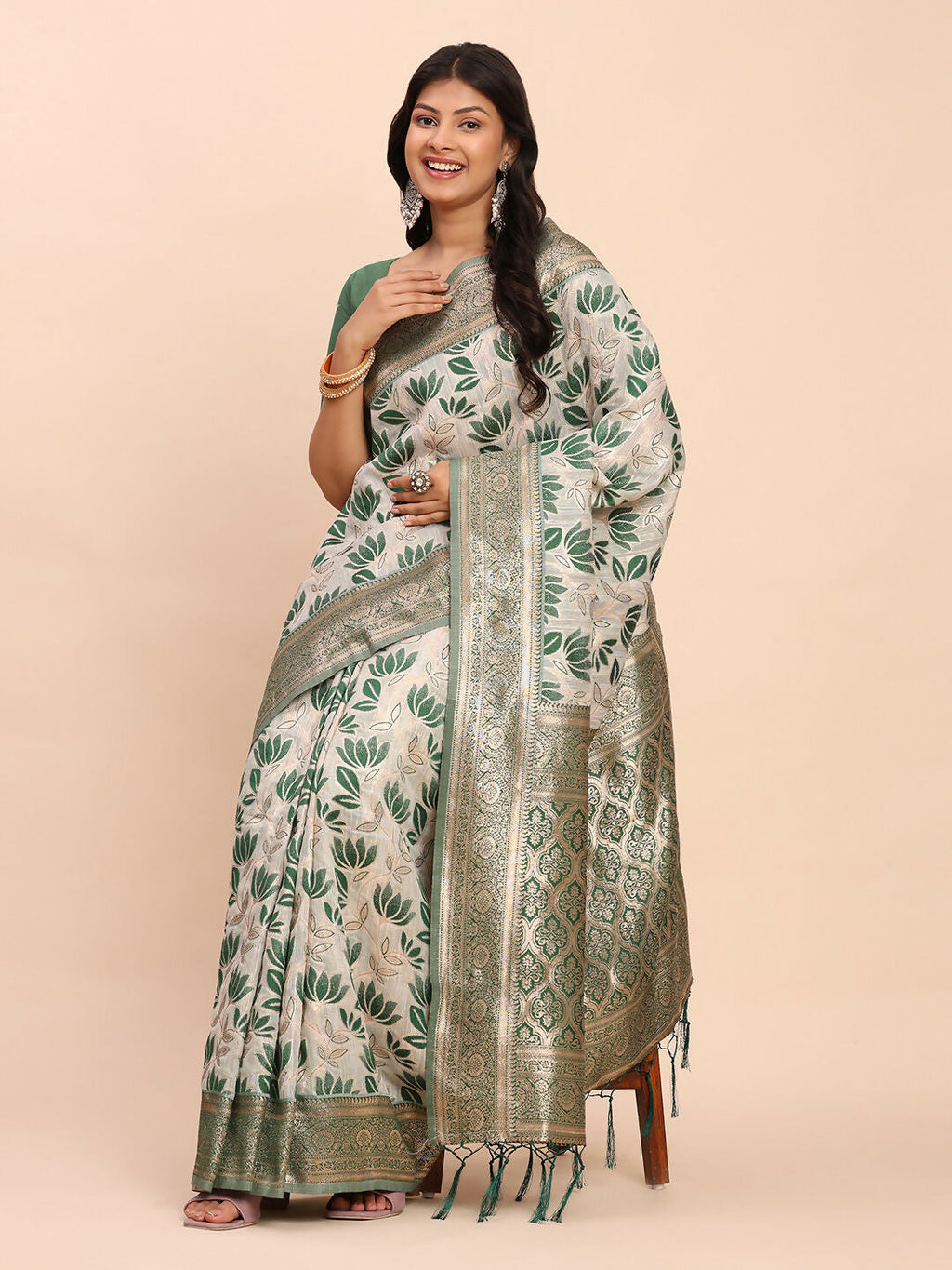 Shree Shyam Fashion Linen Cotton Green Saree - Distacart