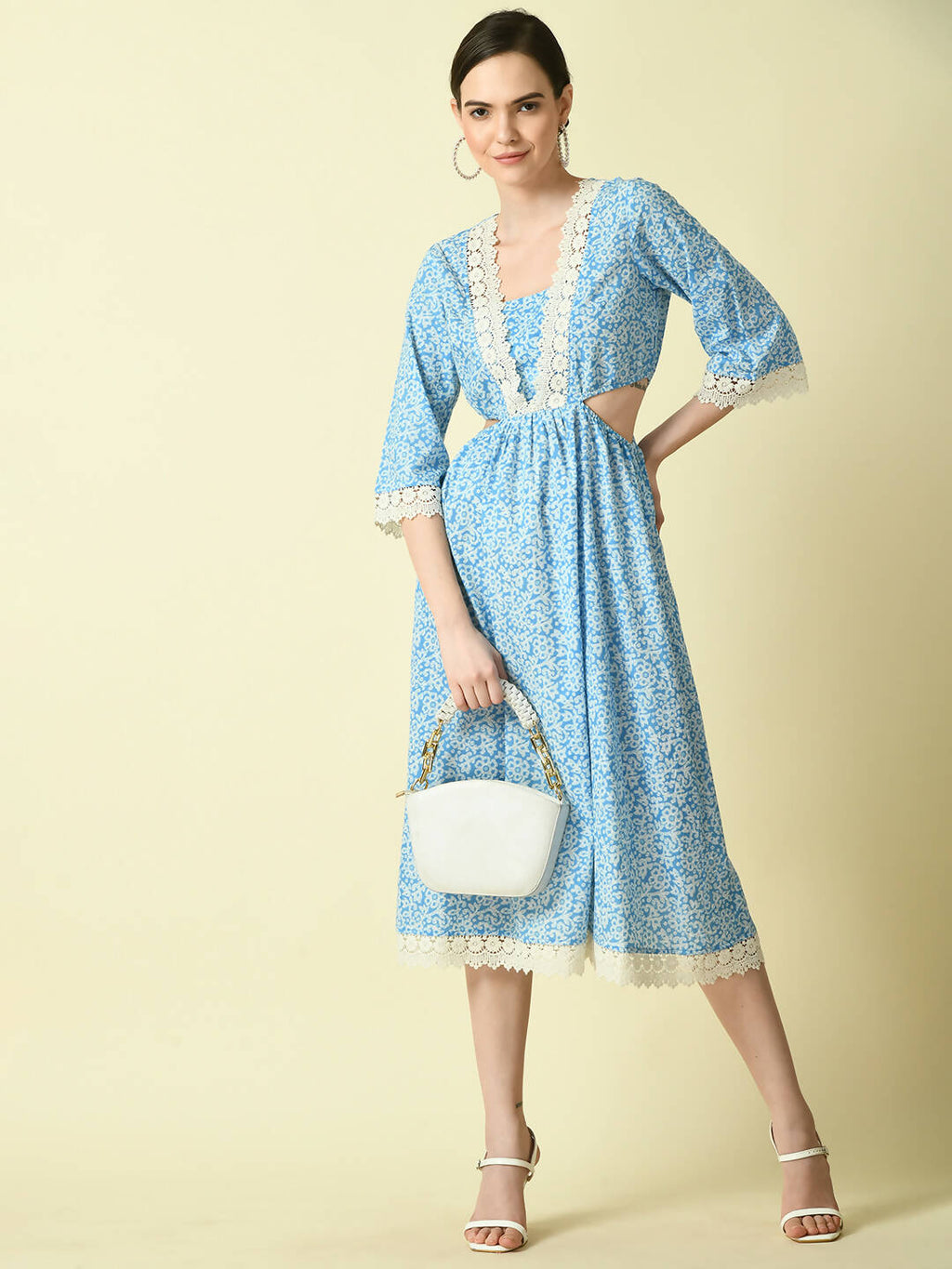 Myshka Women's Blue Floral Printed Fit and Flare Dress - Distacart