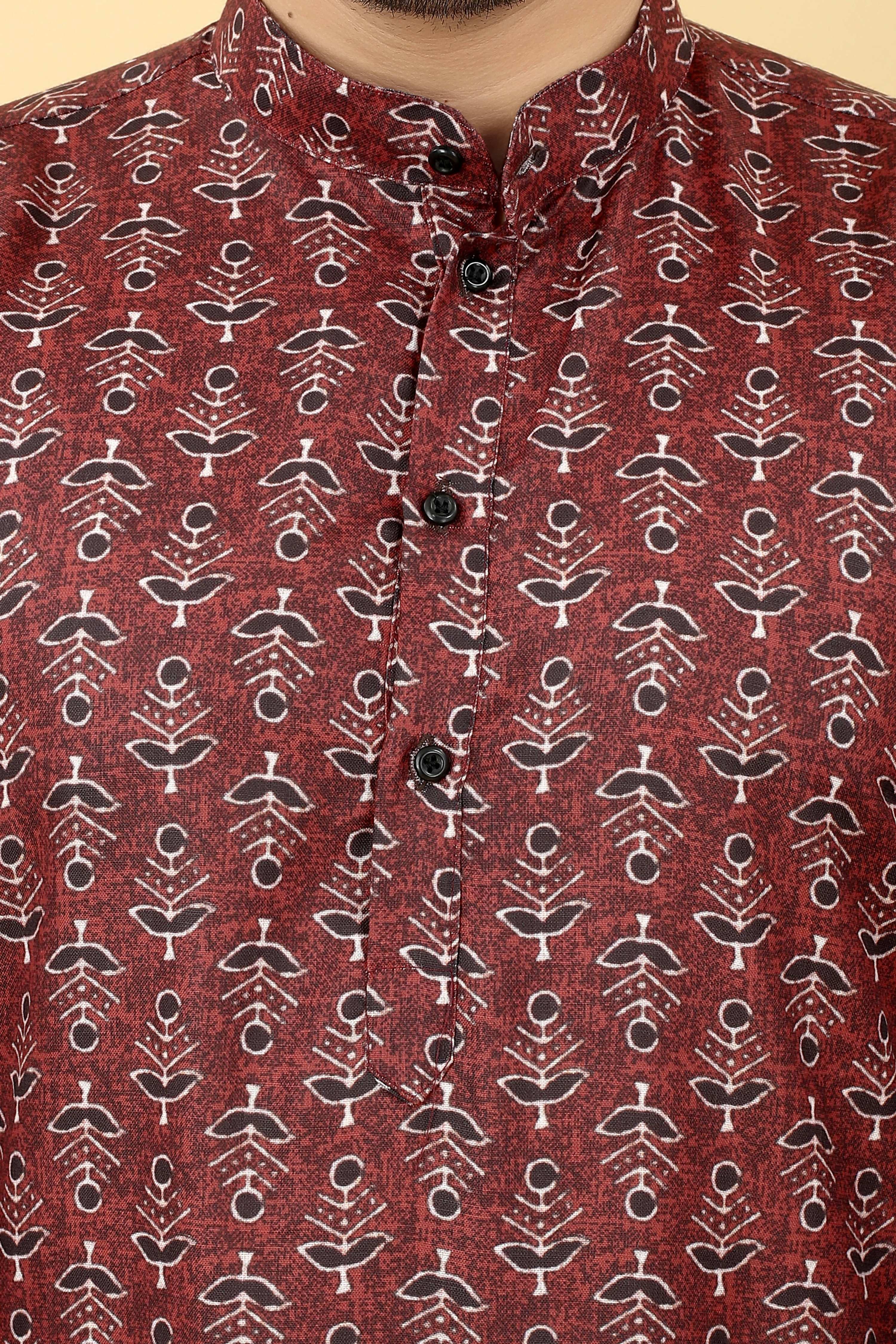 Maroon Cotton Printed Men's Kurta - Mahotsav