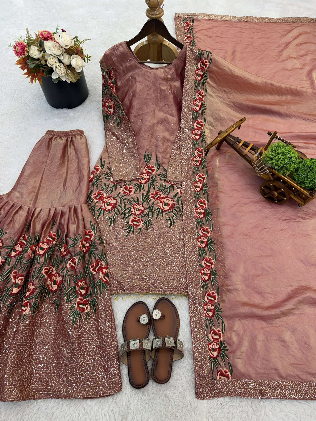 Teeya Creation Peach Fendy Silk Heavy Embroidery Work Party Wear Sharara Suit - Distacart