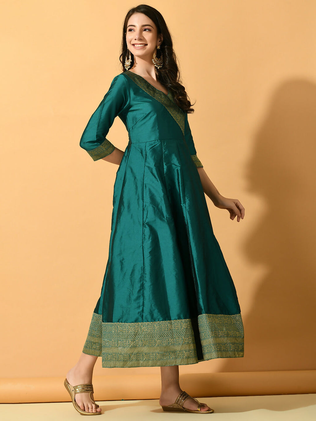 Myshka Women's Green Silk Festive Anarkali Kurta