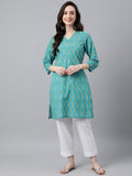 Janasya Women's Turquoise Blue Cotton Block Print Straight Tunic - Distacart