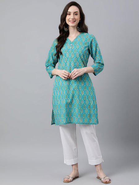 Janasya Women's Turquoise Blue Cotton Block Print Straight Tunic