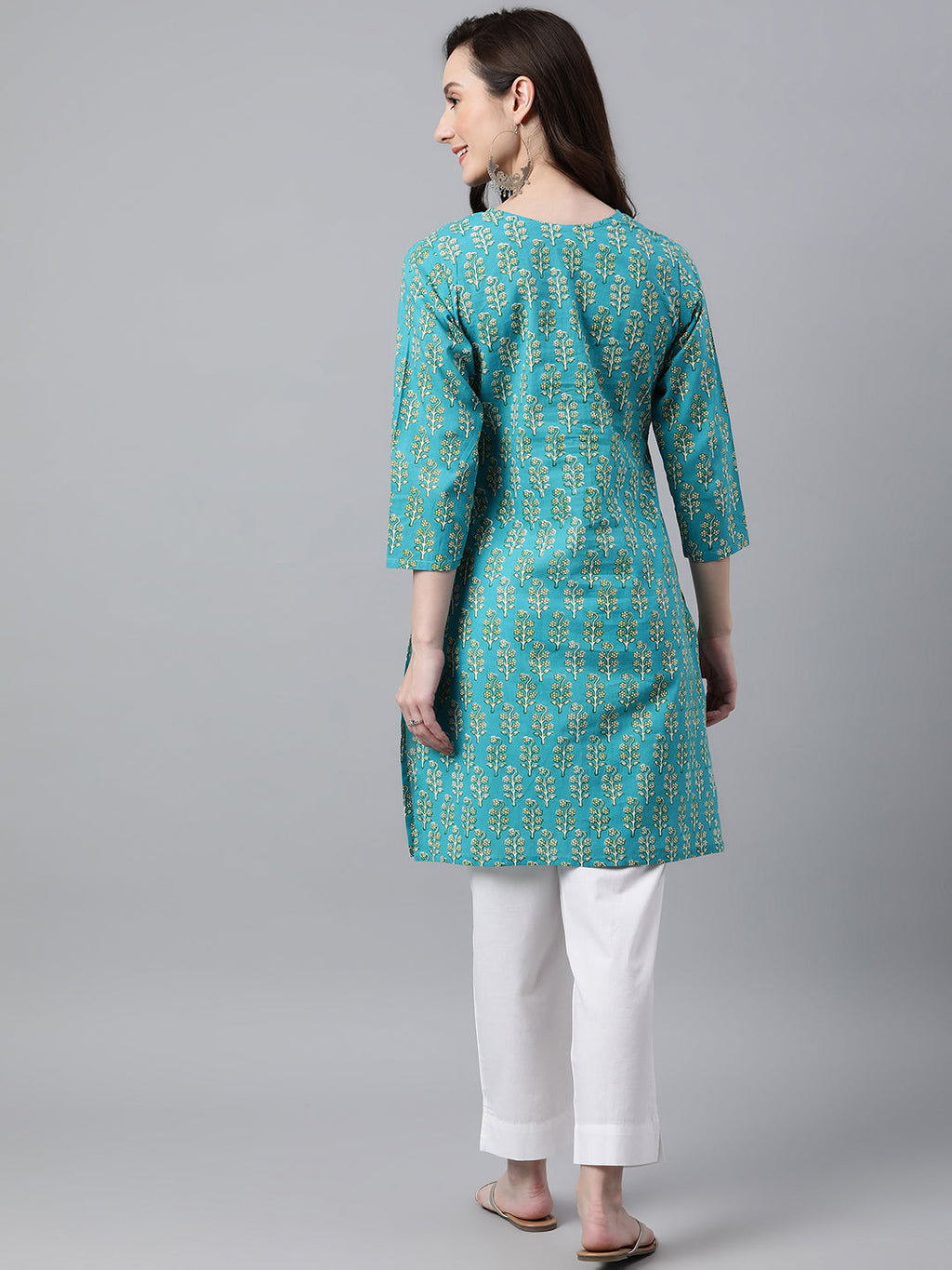 Janasya Women's Turquoise Blue Cotton Block Print Straight Tunic - Distacart