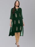 Janasya Women's Bottle Green Crepe Foil Print Festive A-Line Kurta - Distacart