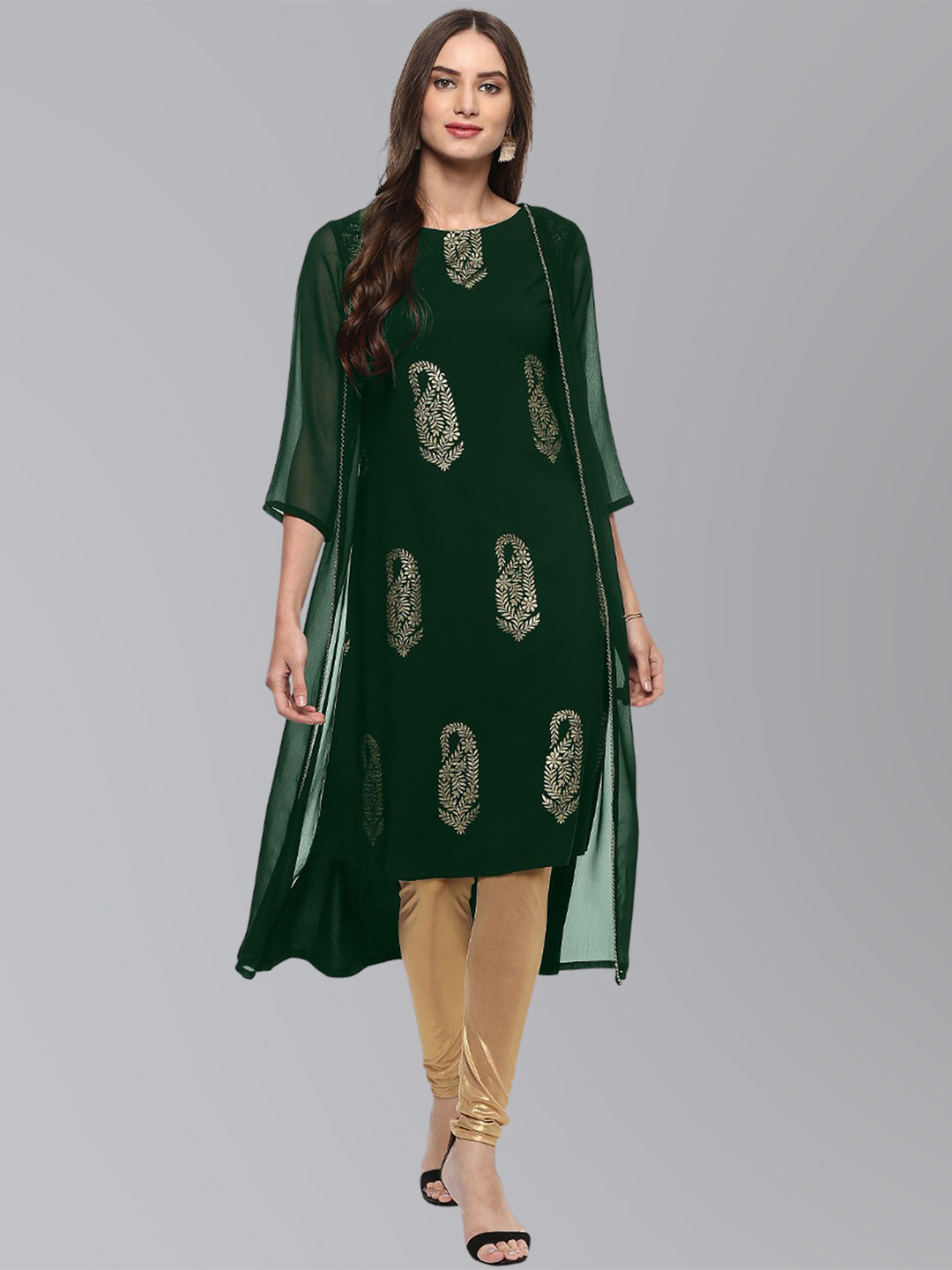 Janasya Women's Bottle Green Crepe Foil Print Festive A-Line Kurta - Distacart
