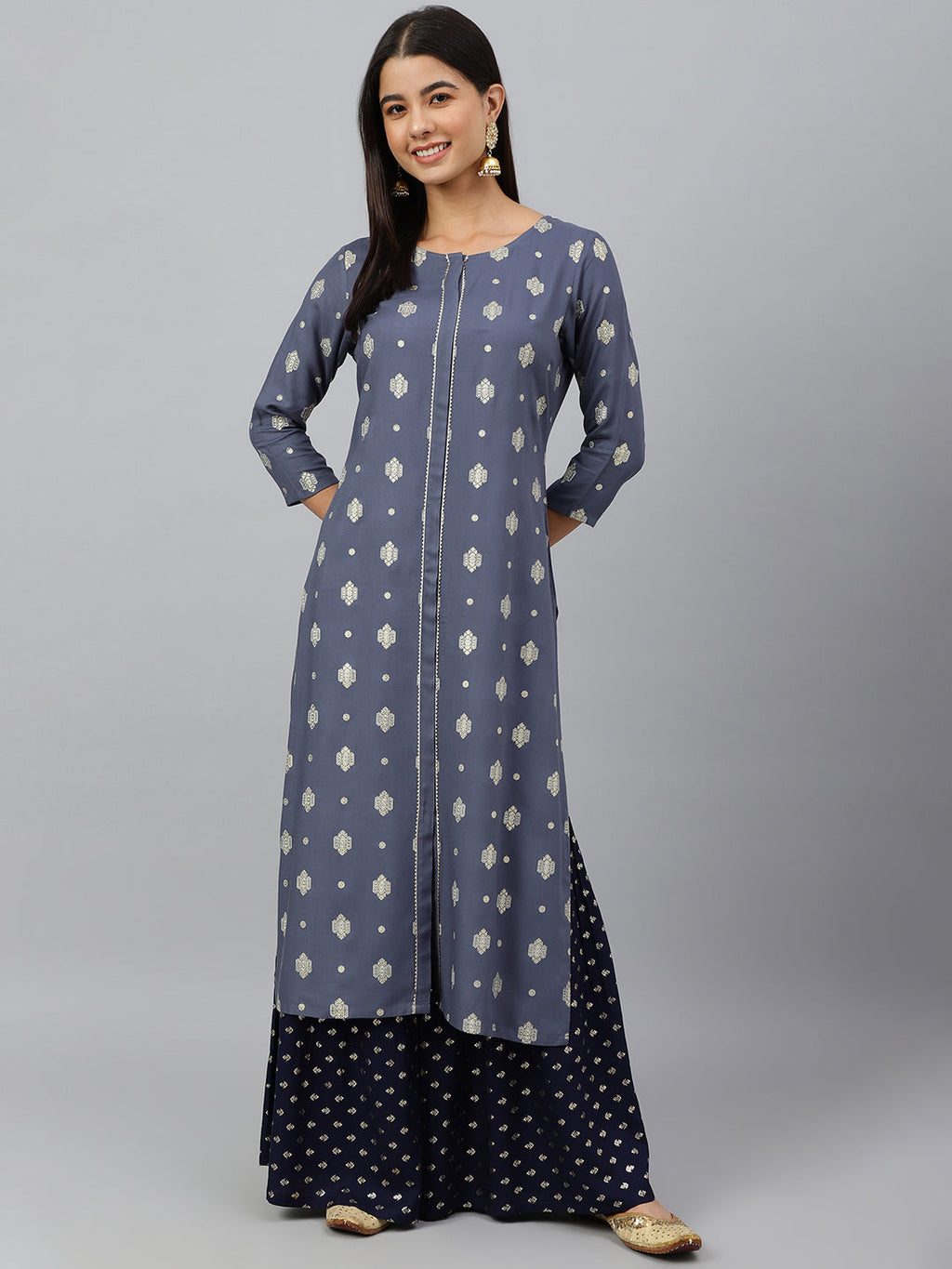 Janasya Women's Grey Rayon Ethnic motifs Festive Straight Kurta