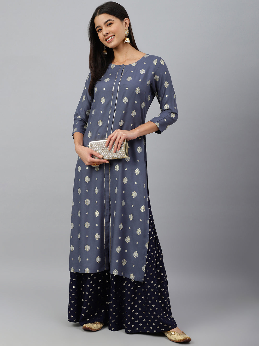 Janasya Women's Grey Rayon Ethnic motifs Festive Straight Kurta