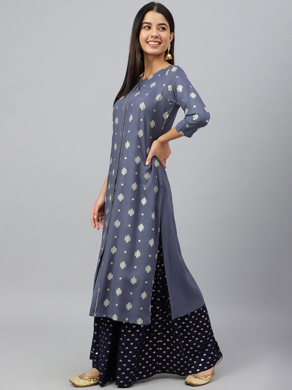Janasya Women's Grey Rayon Ethnic motifs Festive Straight Kurta