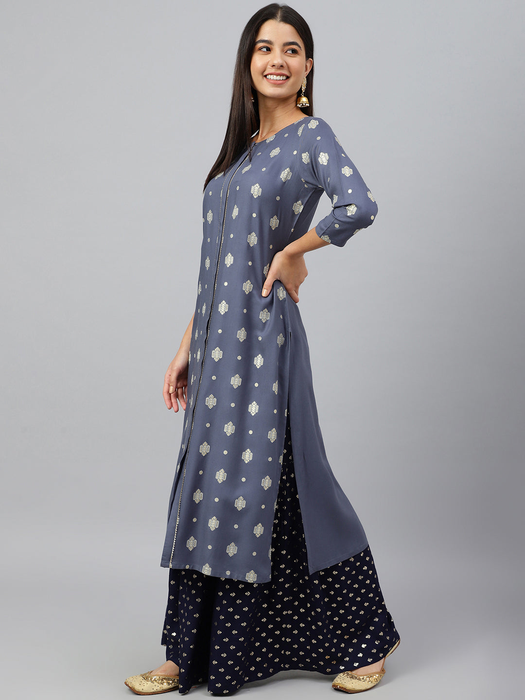 Janasya Women's Grey Rayon Ethnic motifs Festive Straight Kurta