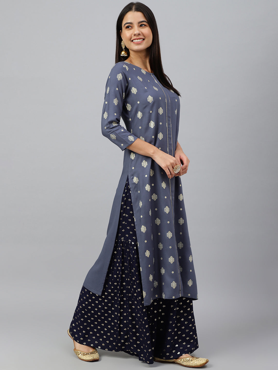 Janasya Women's Grey Rayon Ethnic motifs Festive Straight Kurta
