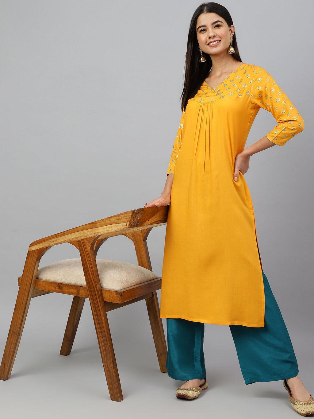 Janasya Women's Orange Rayon Gold Floral Print Festive Straight Kurta