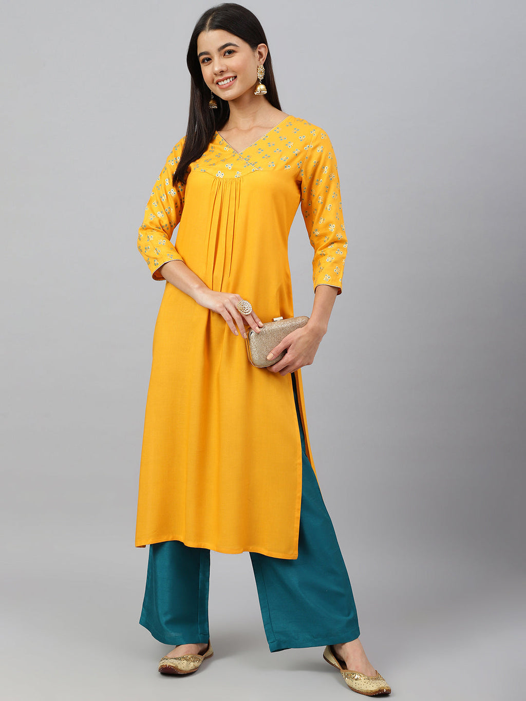 Janasya Women's Orange Rayon Gold Floral Print Festive Straight Kurta