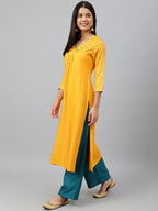 Janasya Women's Orange Rayon Gold Floral Print Festive Straight Kurta