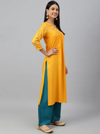 Janasya Women's Orange Rayon Gold Floral Print Festive Straight Kurta