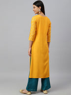 Janasya Women's Orange Rayon Gold Floral Print Festive Straight Kurta