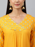 Janasya Women's Orange Rayon Gold Floral Print Festive Straight Kurta