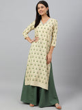 Janasya Women's Beige Rayon Botanical Print Festive Straight Kurta