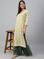 Janasya Women's Beige Rayon Botanical Print Festive Straight Kurta