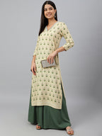 Janasya Women's Beige Rayon Botanical Print Festive Straight Kurta