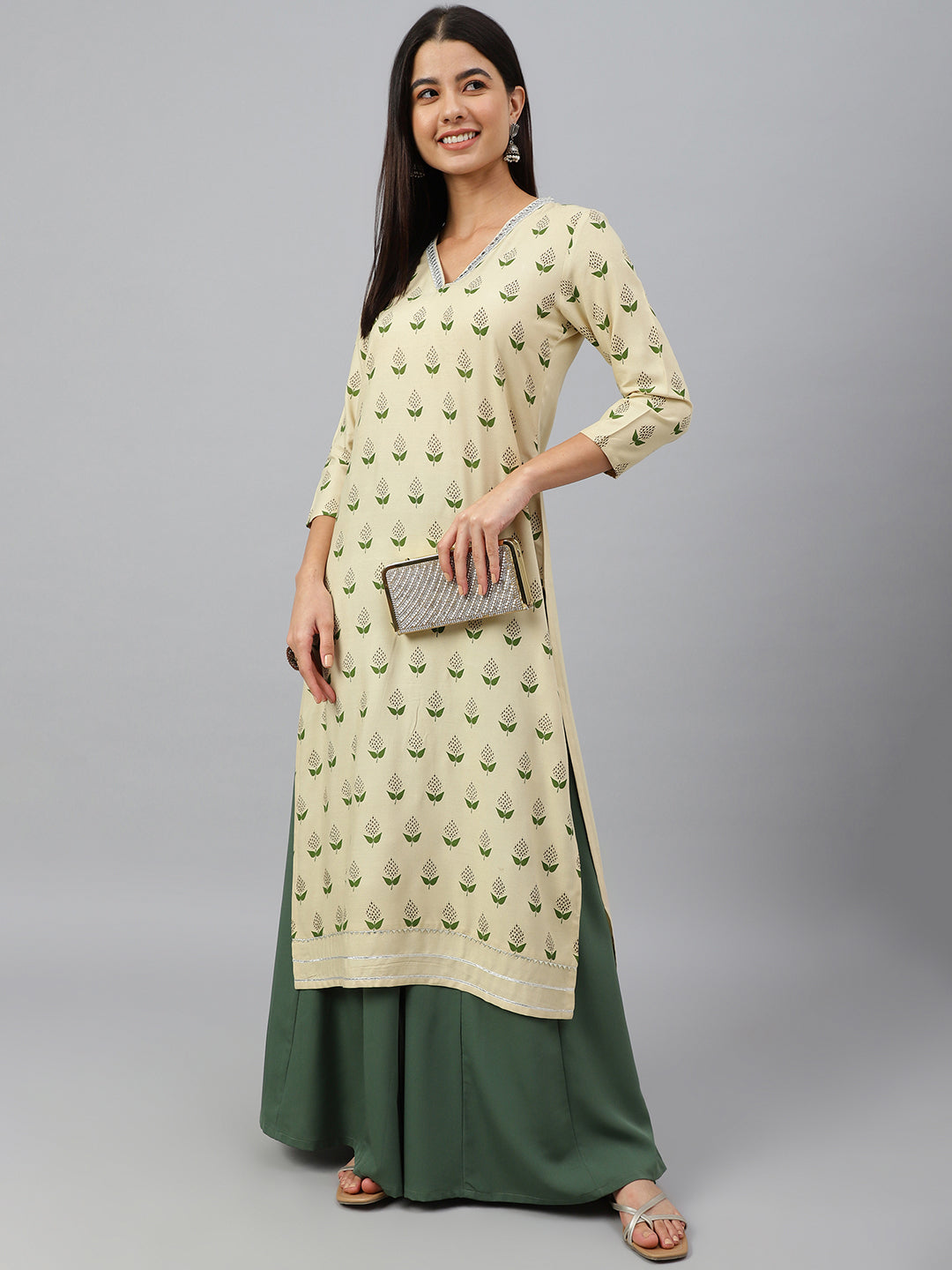 Janasya Women's Beige Rayon Botanical Print Festive Straight Kurta