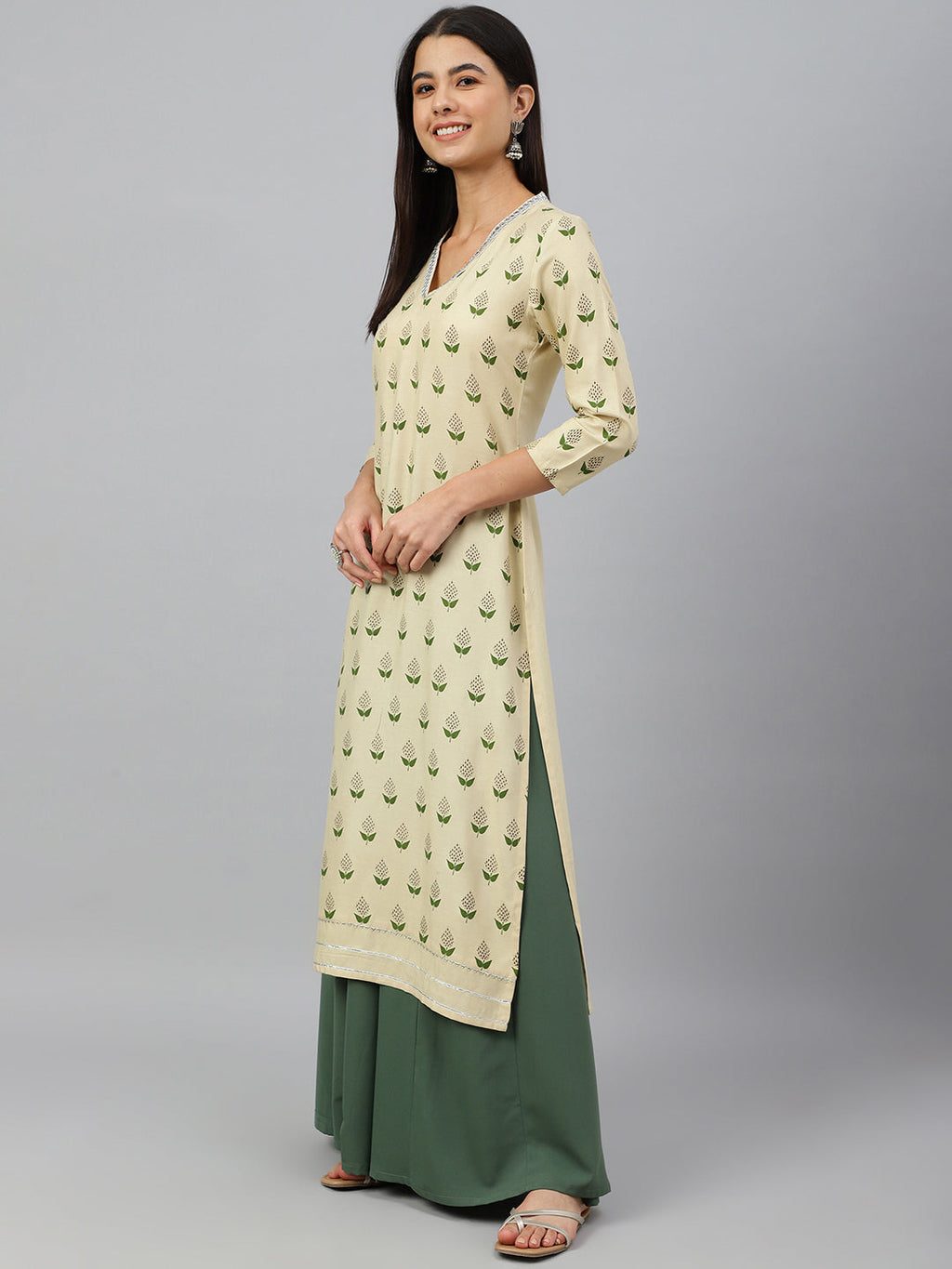 Janasya Women's Beige Rayon Botanical Print Festive Straight Kurta