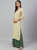 Janasya Women's Beige Rayon Botanical Print Festive Straight Kurta