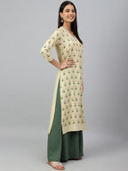 Janasya Women's Beige Rayon Botanical Print Festive Straight Kurta