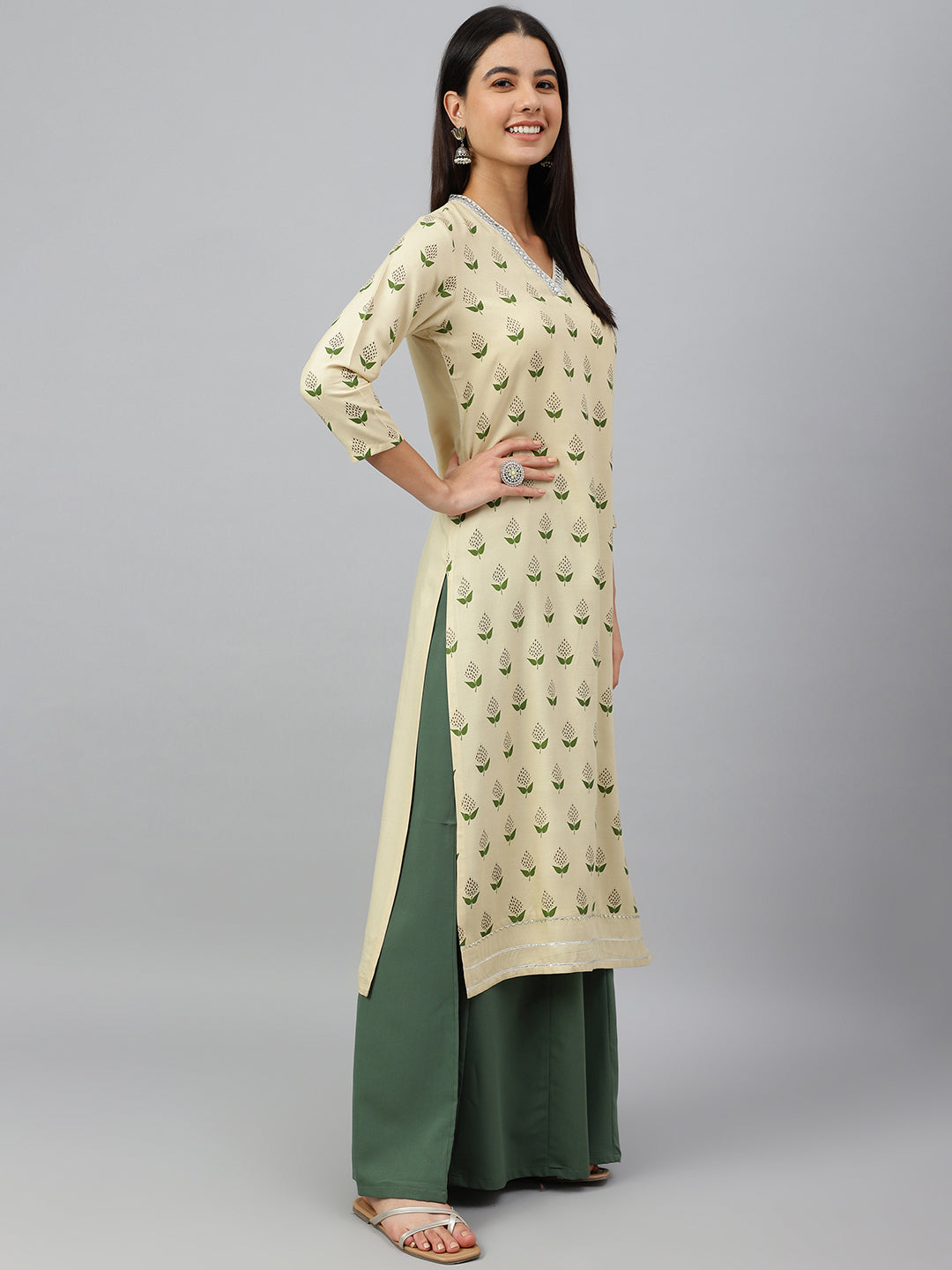 Janasya Women's Beige Rayon Botanical Print Festive Straight Kurta