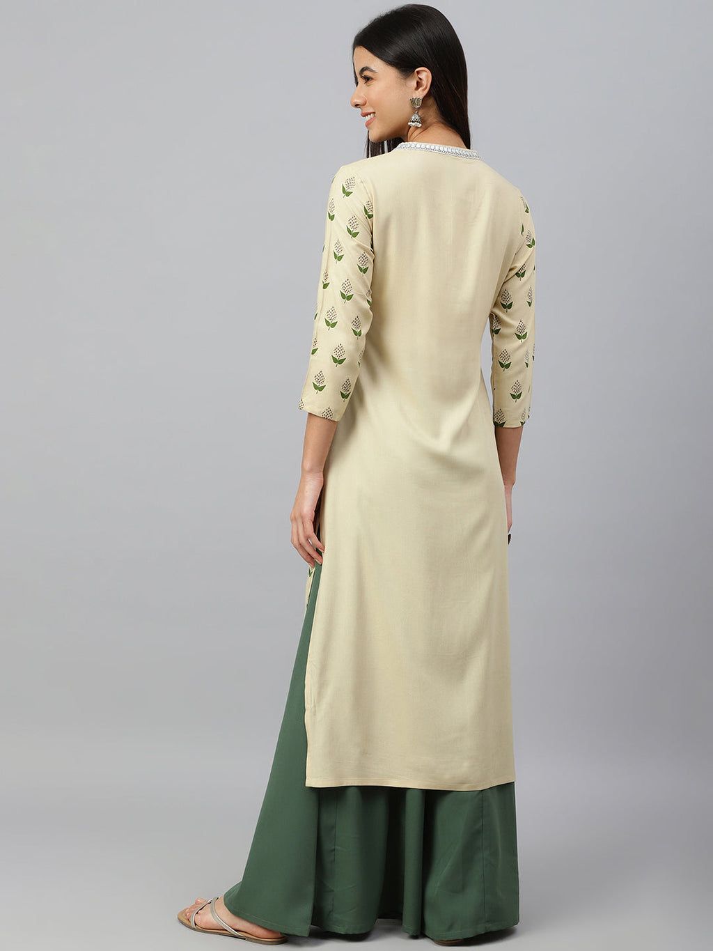 Janasya Women's Beige Rayon Botanical Print Festive Straight Kurta