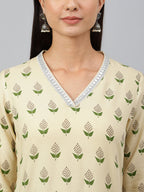 Janasya Women's Beige Rayon Botanical Print Festive Straight Kurta
