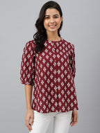 Janasya Women's Wine Cotton Ethnic Motifs A-line Top - Distacart