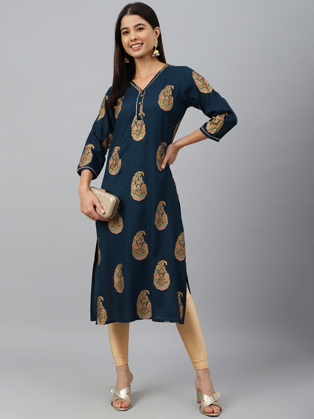 Janasya Women's Teal Blue Rayon Paisley Foil Print Casual Straight Kurta