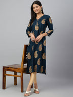 Janasya Women's Teal Blue Rayon Paisley Foil Print Casual Straight Kurta