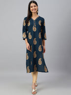 Janasya Women's Teal Blue Rayon Paisley Foil Print Casual Straight Kurta