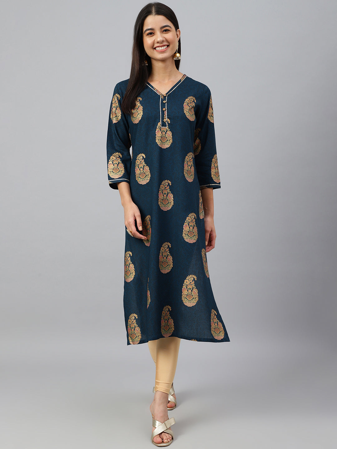 Janasya Women's Teal Blue Rayon Paisley Foil Print Casual Straight Kurta