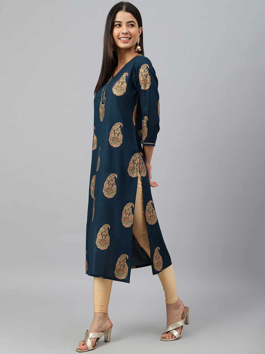 Janasya Women's Teal Blue Rayon Paisley Foil Print Casual Straight Kurta